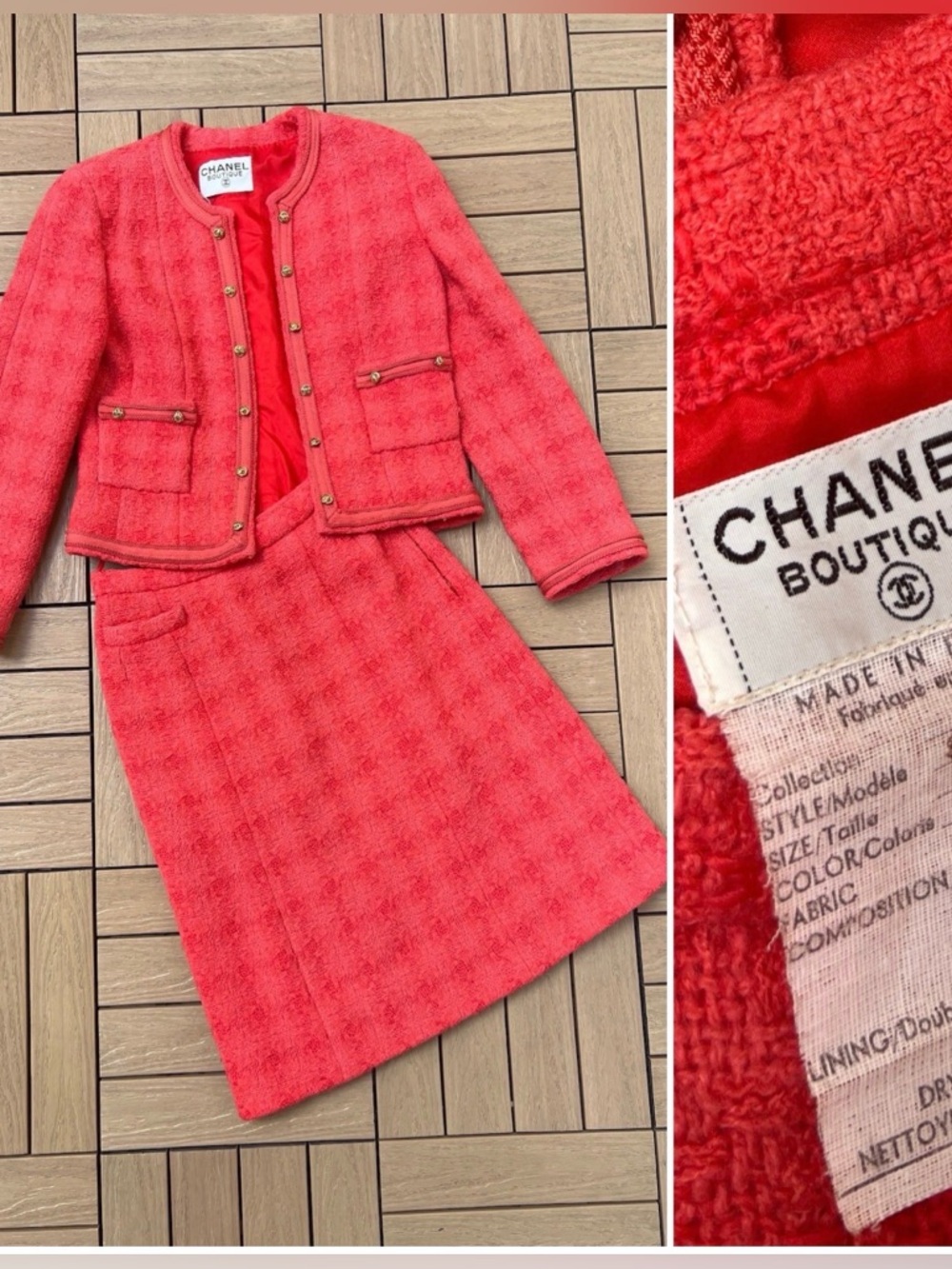Vintage CHANEL Boutique hot pink coral Tweed Midi Skirt amazing 💝💝 larger size